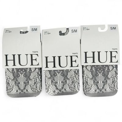 HUE Floral Lace Net Tights Womens Small Medium Steel Gray 3 Pairs NEW